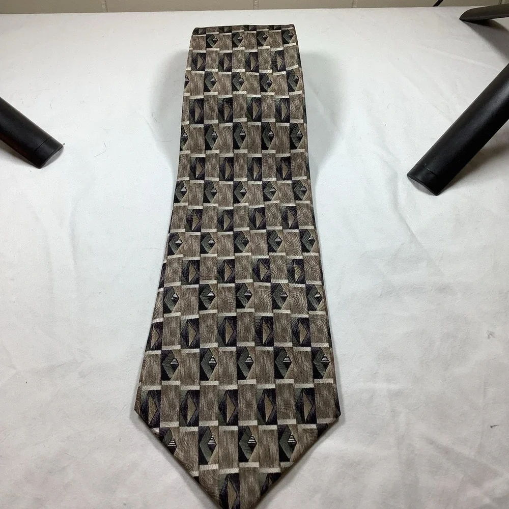 Stafford Signature Silk‎ Tie Brown Green Gray Geometric Mens Necktie